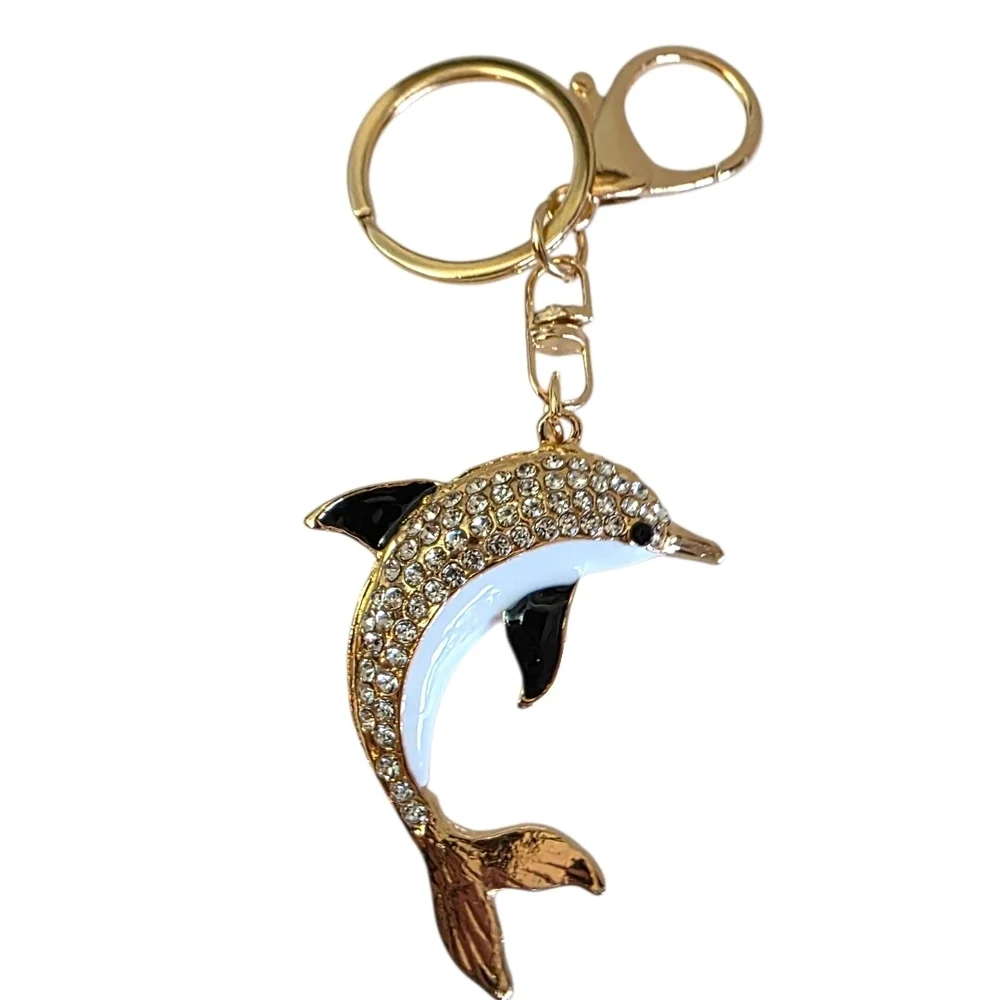 Rhinestone Dolphin Purse Charm Keychain Gold NWT